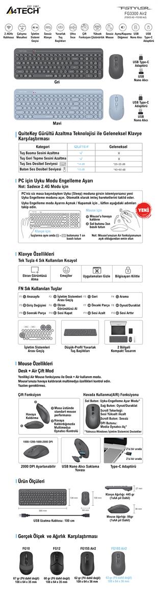 A4 TECH FG3300 AIR2 Q Türkçe Kablosuz Siyah Klavye+ Mouse