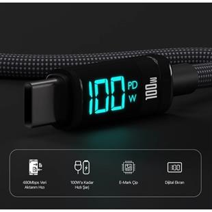BIX 1metre BX09CC-BK 100w Dijital Ekranlı Şarj Kablosu Siyah