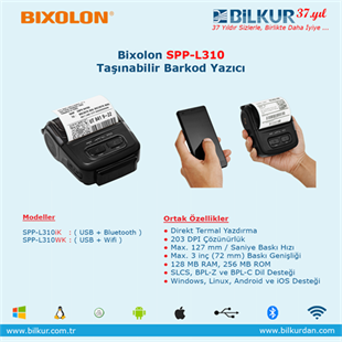 BIXOLON 203dpi SPP-L310WK 72mm 127mm/sn USB + Seri + WiFi Taşınabilir Barkod Etiket Yazıcı