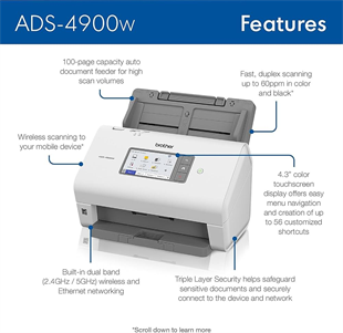BROTHER A4 ADS-4900W  60ppm Duplex Kablosuz Ağ Tipi Dokunmatik Ekranlı Profesyonel Masaüstü Doküman Tarayıcı