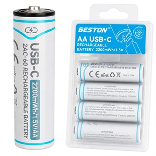 Beston 2AC-60 AA 1.5V 2200mWh Type-C Şarj Edilebilir 4lü Li-Ion Lityum Kalem Pil Seti