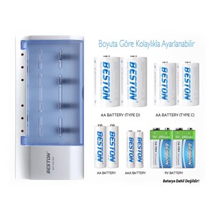 Beston BST-C821BW (AA-AAA-C-D-9V-SC) Universal Pil Şarj Cihazı Tüm Boylar İçin Kullanılabilir