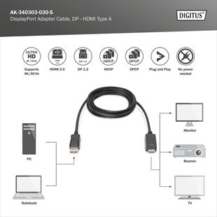 DIGITUS DP-HDMI Görüntü Kablosu 3m (AK.340303.030.S)