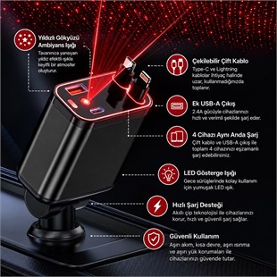 Hello HL-29871 Araç Çakmaklık Şarj Cihazı Dahili Çekilebilir Type-C Lightning Çift Kablo Ambiyans Işıklı