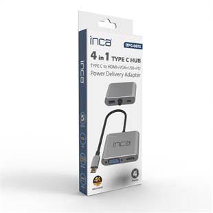 INCA ITPC-06T USB C 4ü 1 Arada Adaptör USB C – HDMI+VGA+USB Güç Dağıtım Adaptörü