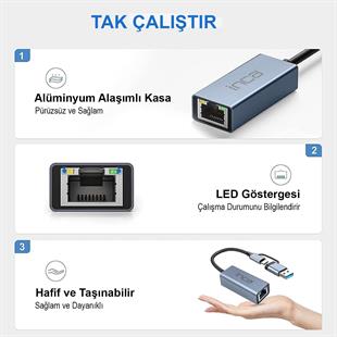 INCA IUTP-01T USB 3.0 & TYPE-C 10/100/1000Mbps Gigabit Ethernet Adaptörü
