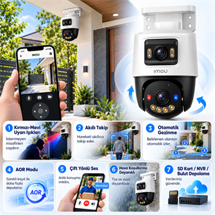 Imou IPC-PS70FP-10M0 Cruiser Dual PS70F Çift Lens (sabit + Pt) Poe İki Yönlü Ses Renkli Gece Görüş 10MP Dome Kamera