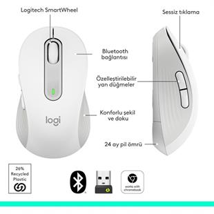 LOGITECH M650 Kablosuz + Bluetooth Beyaz Mouse (910-006238)