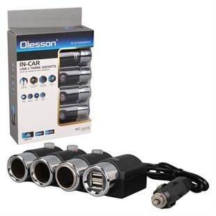 Olesson 1508 12-24V Çift USB Girişli 120W 80cm Kablolu 3lü Araç Çakmak Çoklayıcı