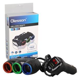 Olesson 1633 12-24V Tek USB Girişli 120W 80cm Kablolu Dijital Voltaj Ekranlı 3lü Araç Çakmak Çoklayıcı