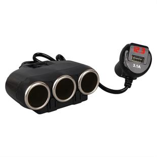 Olesson 1634 12-24V Tek USB Girişli 120W 80cm Kablolu Dijital Voltaj Ekranlı 3lü Araç Çakmak Çoklayıcı