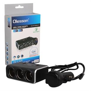 Olesson 1639 12-24V Çift USB Girişli Hızlı Şarj Destekli 120W 80cm Kablolu Dijital Voltaj Ekranlı 3lü Araç Çakmak Çoklayıcı