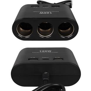 Olesson 1653 12-24V Çift USB + TYPE-C Girişli 100W 70cm Kablolu 3lü Araç Çakmak Çoklayıcı