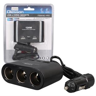 Olesson 1653 12-24V Çift USB + TYPE-C Girişli 100W 70cm Kablolu 3lü Araç Çakmak Çoklayıcı