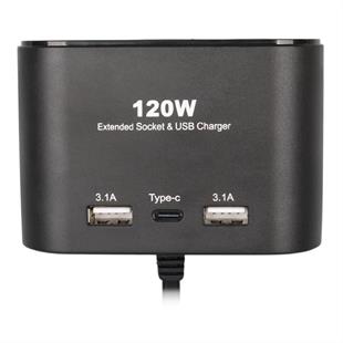 Olesson 1653 12-24V Çift USB + TYPE-C Girişli 100W 70cm Kablolu 3lü Araç Çakmak Çoklayıcı