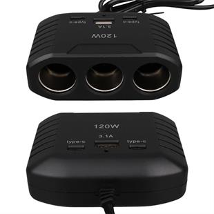 Olesson 2012 12-24V Çift TYPE-C - Tek USB Girişli 120W 80cm Kablolu 3LÜ Araç Çakmak Çoklayıcı