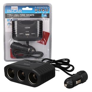 Olesson 2012 12-24V Çift TYPE-C - Tek USB Girişli 120W 80cm Kablolu 3LÜ Araç Çakmak Çoklayıcı