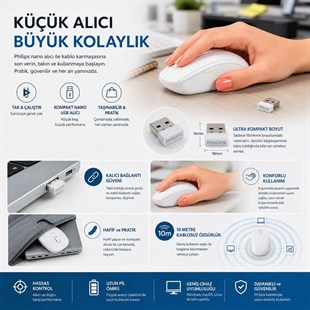 Philips SPK7398W/38 1600 DPI Sessiz Tıklama Beyaz Kablosuz Ofis Mouse