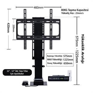 PowerMaster PM-24928 32 - 57 İnç Ayarlanabilir Yükseklik Uzaktan Kumandalı TV Kaldırma Lift Asansörü