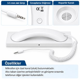PowerMaster PM-39122 Retro-Nostaljik 3.5mm Girişli Beyaz Telefon Ahizesi