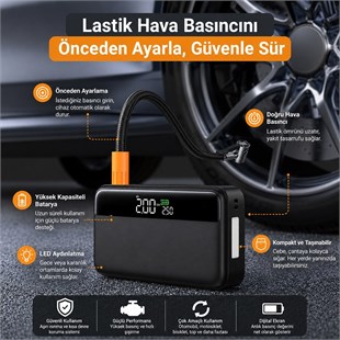 Powermaster N33 Lastik Hava Kompresörlü Akü Takviye Cihazı 65W Fast Powerbank