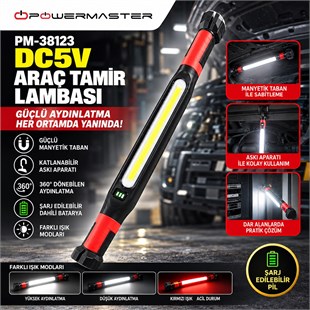 Powermaster PM-38123 DC 5V Şarjlı Manyetik Taban Askı Aparatı Çoklu Işık Modu Araç Tamir Lambası