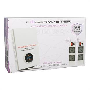 Powermaster SLIM-1500 Otomatik 1500VA Kombi Voltaj Regülatörü (İngiliz Fişli ve Evrensel Çoklu Soketli)