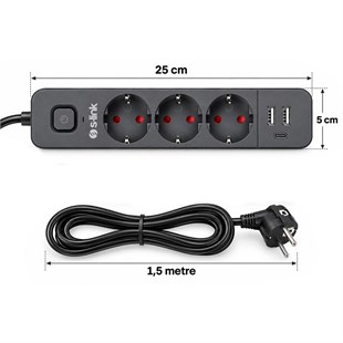 S-Link SPG03U 2 Usb + 1 Type C 5V2.4A 3X1.0mm Bakır 1.5M Kablo 750 Joule 3lü Anahtarlı Siyah Akım Korumalı Priz