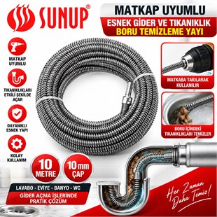 SUNUP SN-38810 10 METRE 10 MM MATKAP UYUMLU ESNEK GİDER TIKANIKLIK BORU TEMİZLEME YAYI