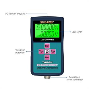 Sunkko T686H Hassas Pil İç Direnç ve Voltaj Test Cihazı (0-100V - 0-100 Ohm)