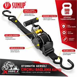 Sunup SN-37789 3 Metre Otomatik Cırcırlı Bağlama Kayışı Spanzet Kaydırmaz Tutamaklı Dayanıklı Çelik Gövde 230KG