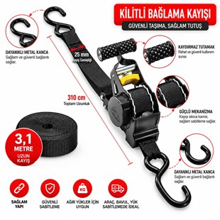 Sunup SN-37789 3 Metre Otomatik Cırcırlı Bağlama Kayışı Spanzet Kaydırmaz Tutamaklı Dayanıklı Çelik Gövde 230KG