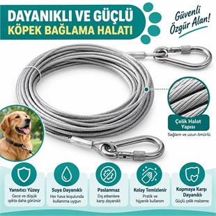 Sunup SN-38106 2 Metre Çelik Köpek Bağlama Halatı Kilitli Karabina PVC Kaplamalı