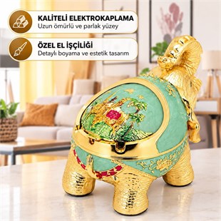 Sunup SN-38890 Fil Figürlü Dekoratif Küllük SU Yeşili İşlemeli Sürgülü