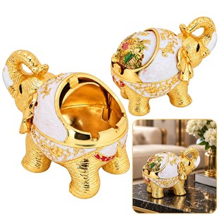 Sunup SN-38892 Fil Figürlü Dekoratif Küllük Beyaz Gold İşlemeli Sürgülü