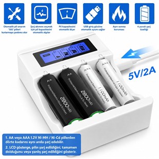 X-LEVEL CH1-201AL 4 Yuvalı LCD Ekranlı Akıllı AA/AAA Ni-MH Hızlı Pil Şarj Cihazı