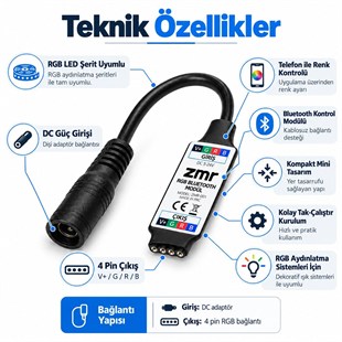ZMR 665 Bluetooth 12V 24V 12A RGB Şerit LED Dimmer Kontrol Cihazı