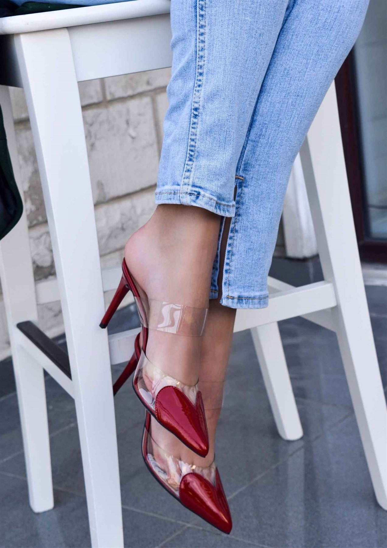 Lovely Kırmızı Rugan Şeffaf Malzeme Detaylı Kadın Topuklu Ayakkabı