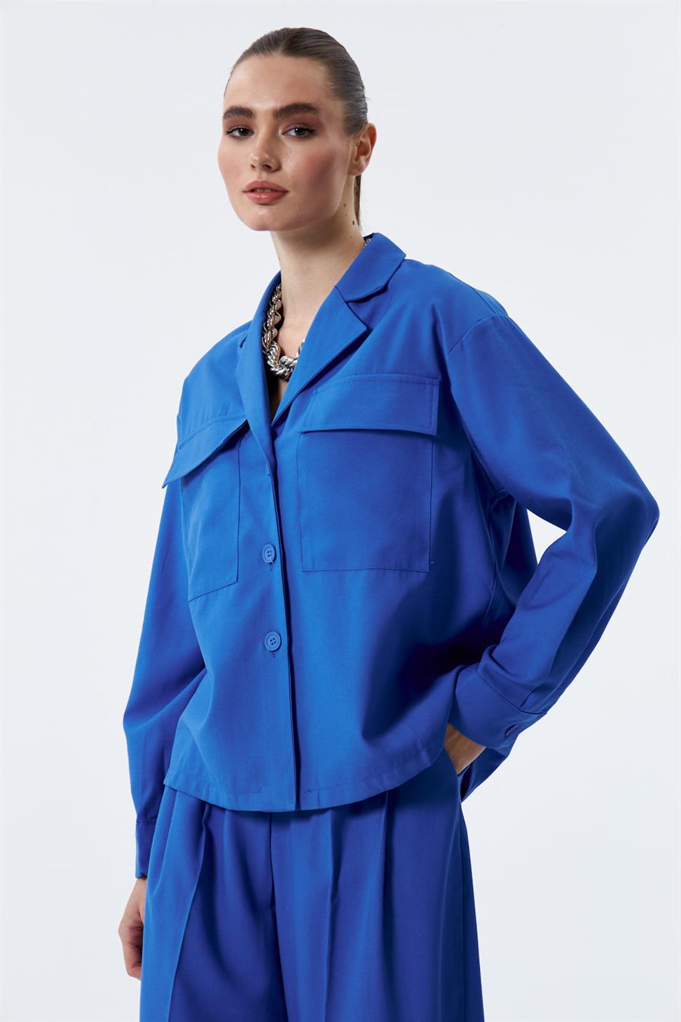 Cep Detaylı Oversize Saks Mavi Kadın Gömlek