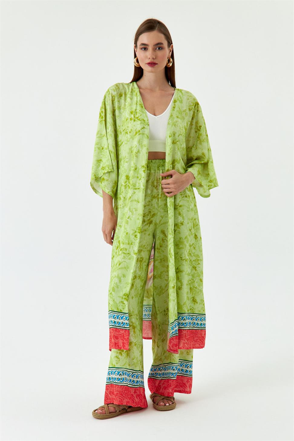 Desenli Kimono Pantolon Yeşil Kadın Takım