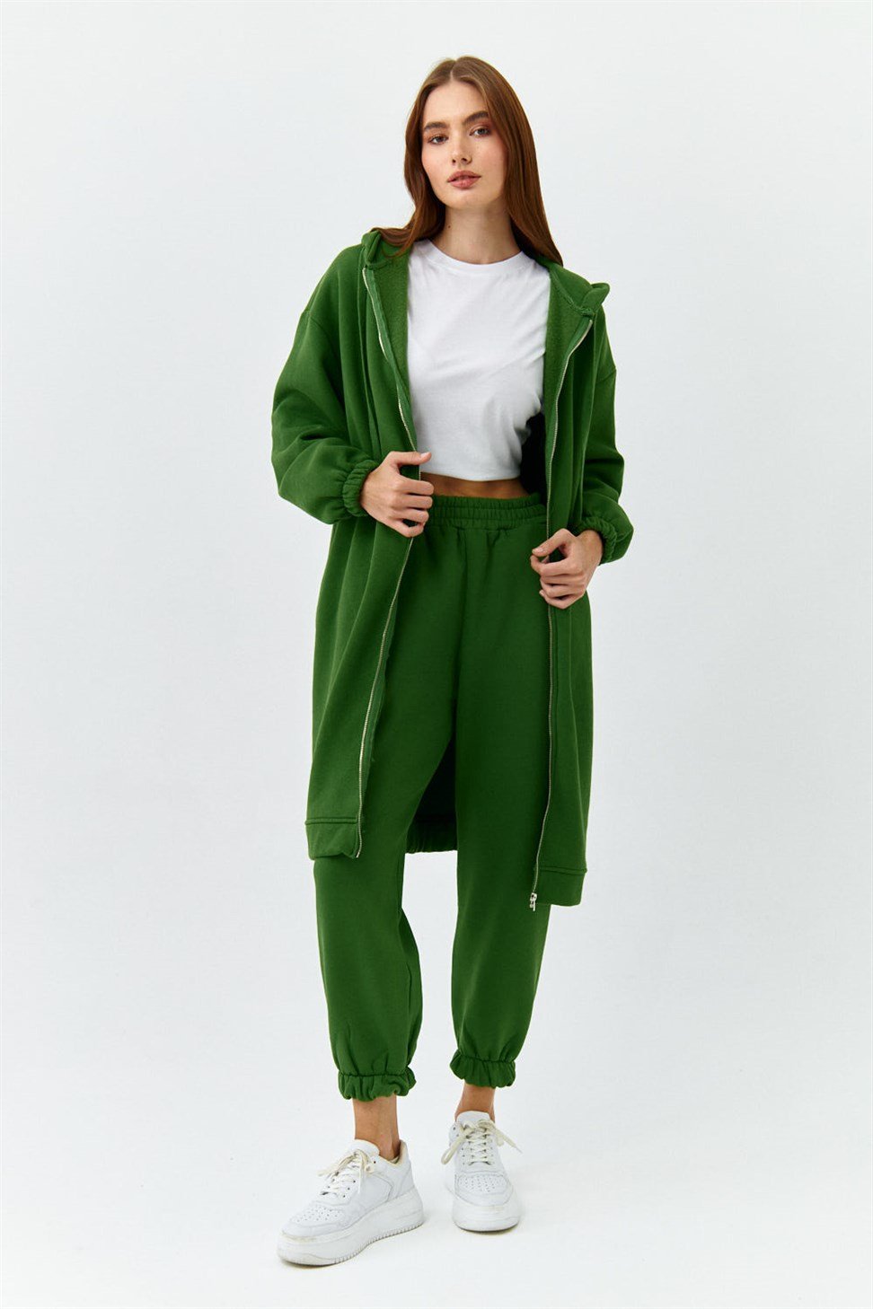Fermuarlı Kapüşonlu Uzun Yeşil Kadın Sweatshirt