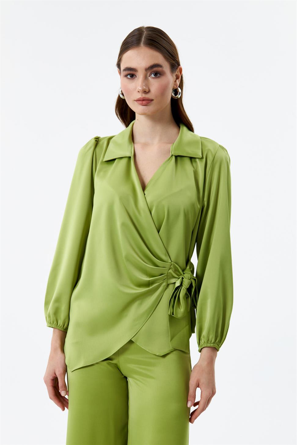 Kruvaze Bağlamalı Yağ Yeşil Kadın Saten Bluz