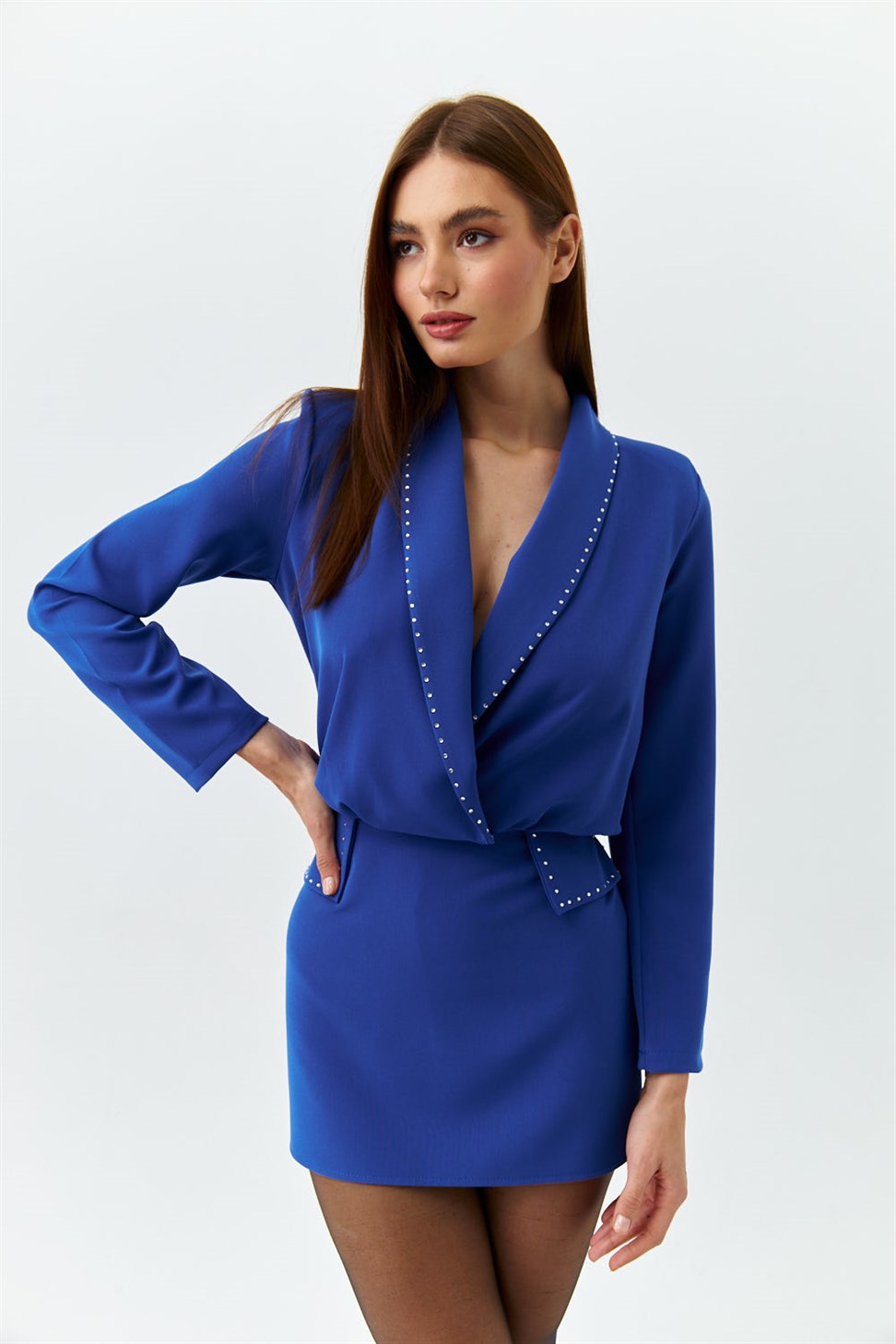 Taş Detaylı Mini Kadın Saks Mavi Elbise