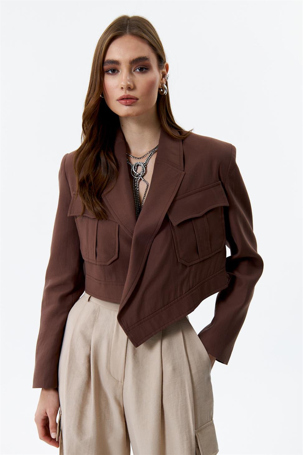 Tasarım Crop Kahverengi Kadın Ceket