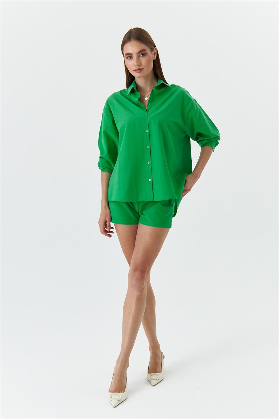 Uzun Kollu Gömlek Şort Yeşil Kadın Takım