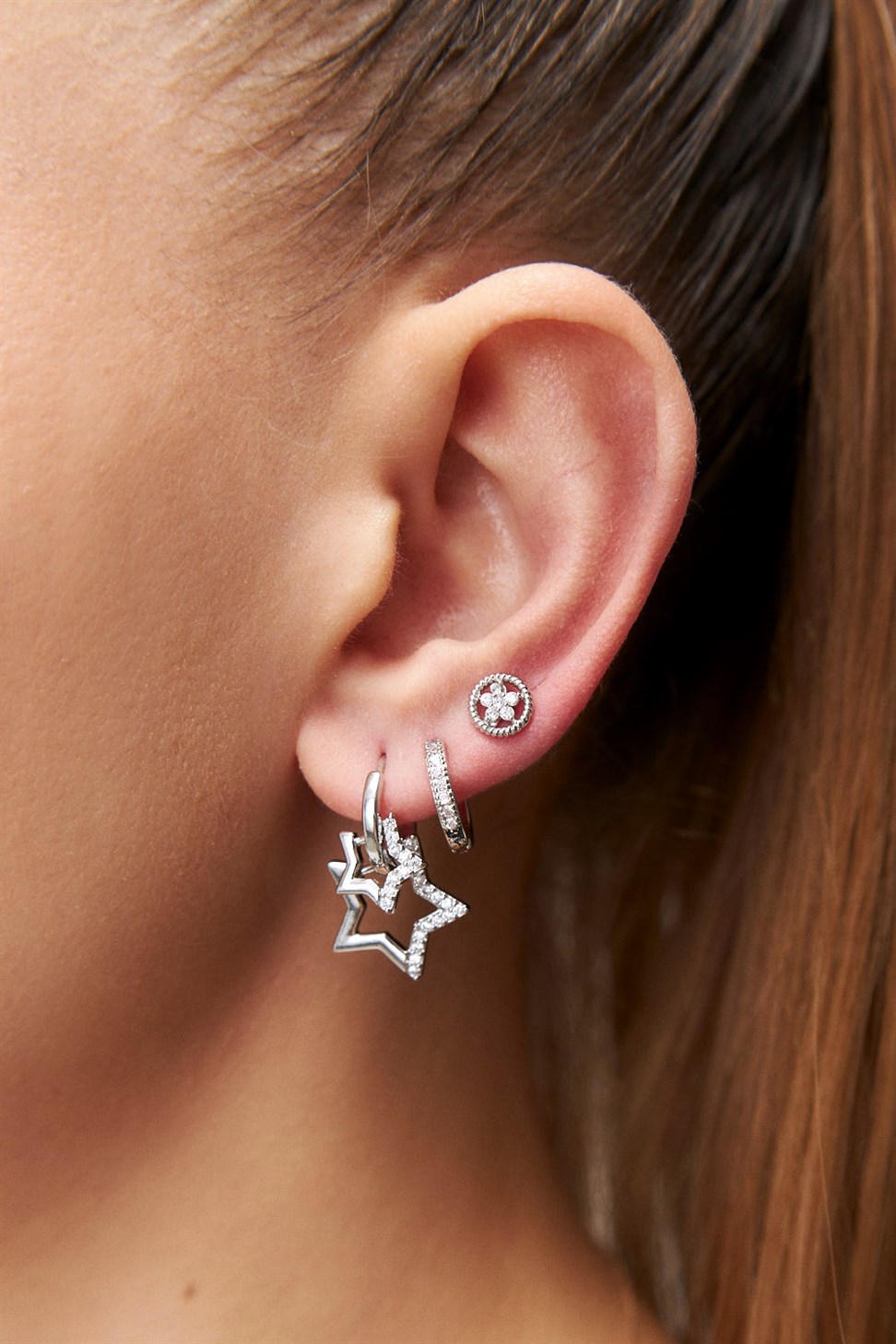 Star Ring Silver Womens Earring Set
