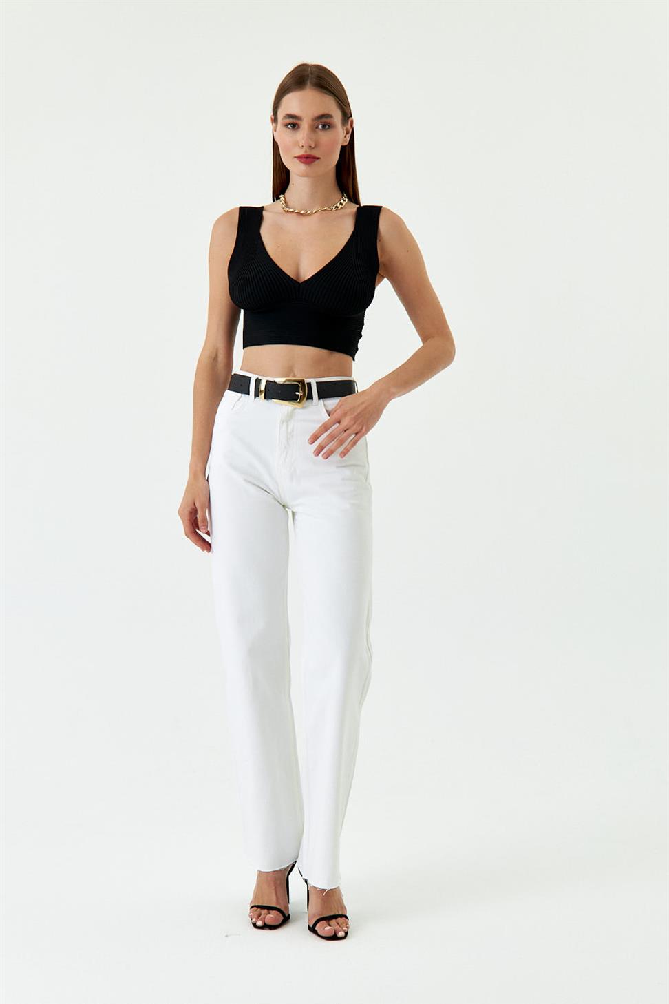 Yüksek Bel Düz Kesim Beyaz Kadın Kot Pantolon