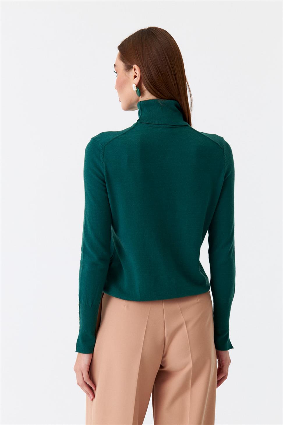 Green Sweater - Turtleneck Neck Cuff Sleeves Sweater - Emerald