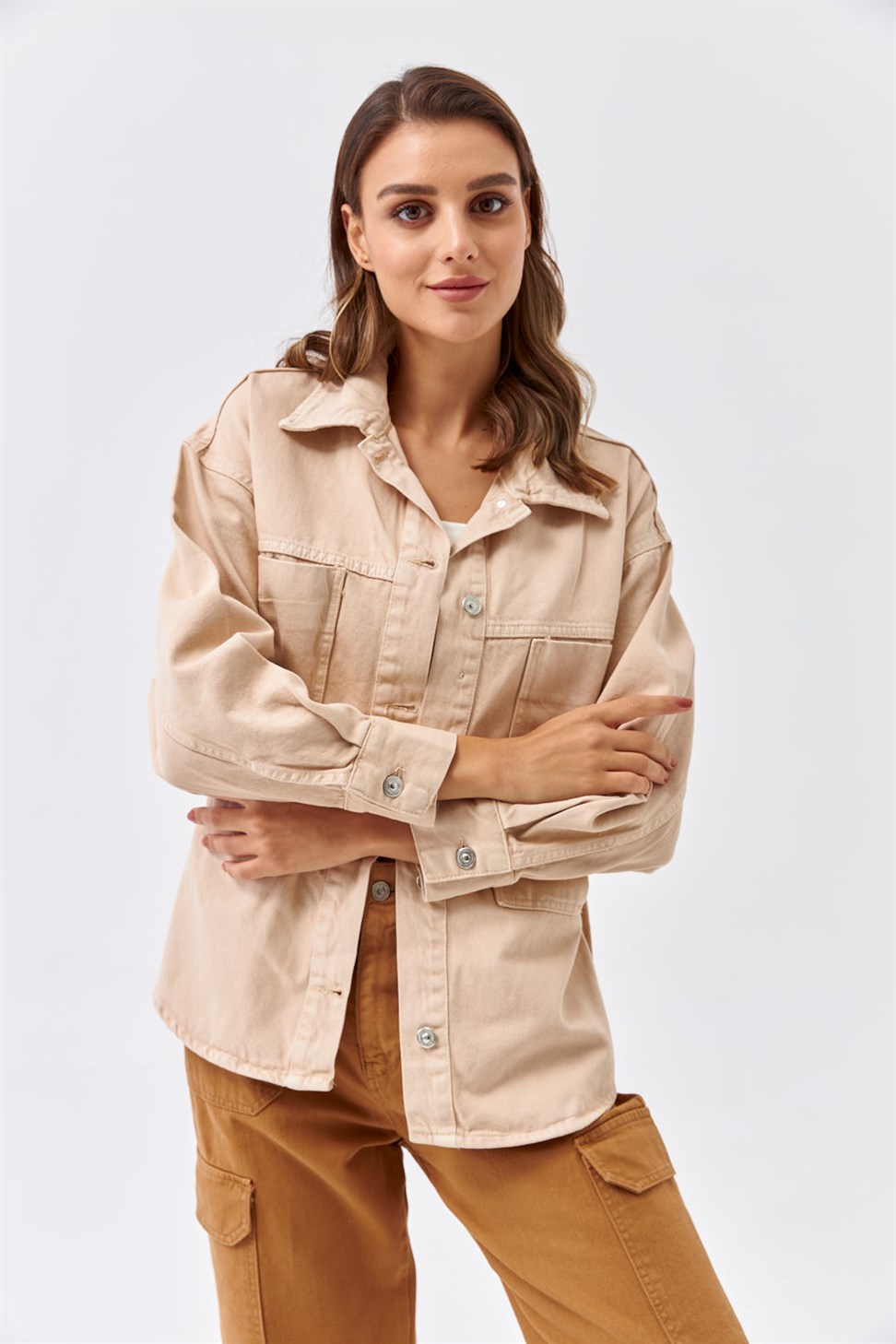 Big Pocket Oversize Beige Woman Jacket | Tuba Butik