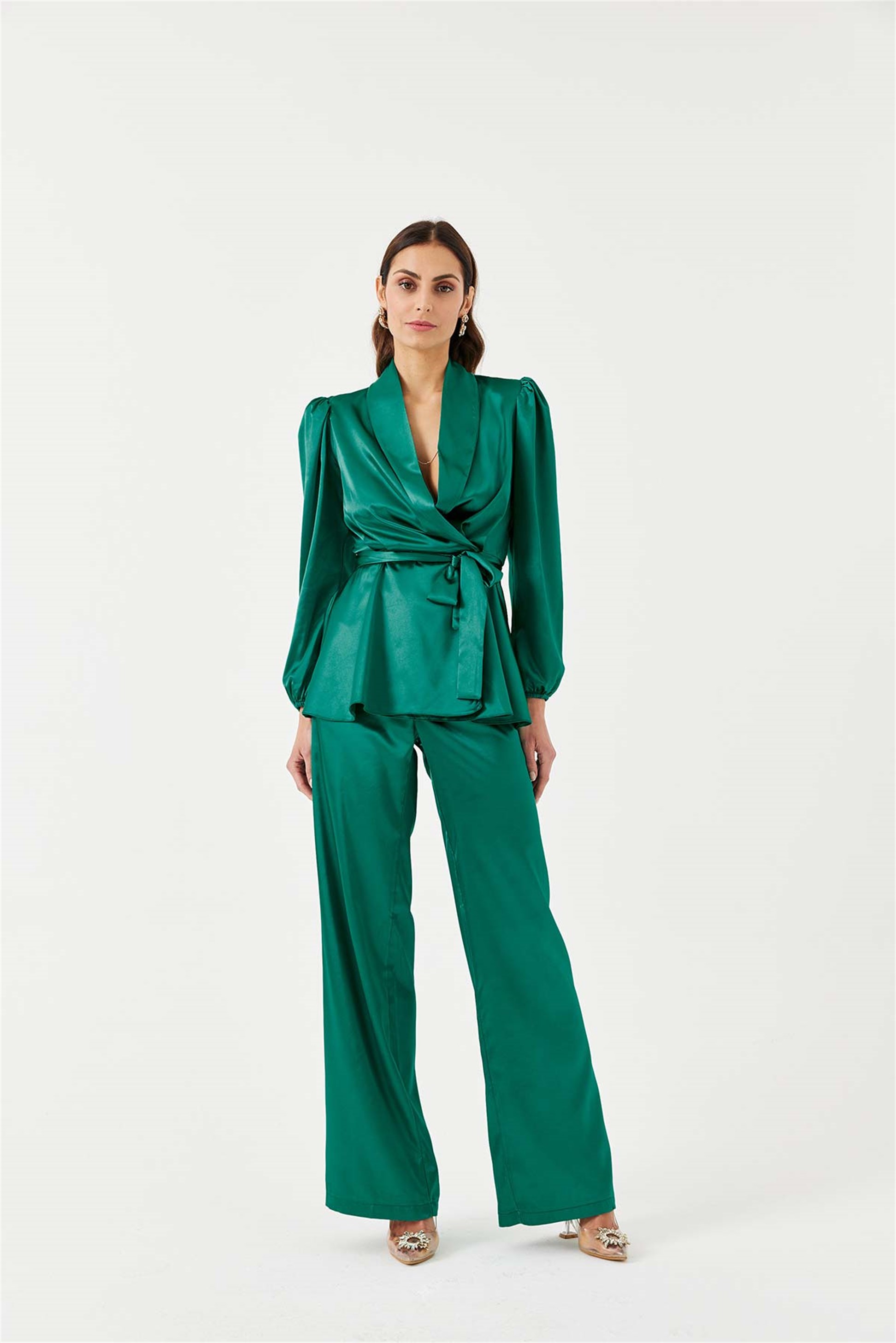Balon Kol Saten Kuşaklı Ceket Pantolon Zümrüt Yeşil Kadın Takım | Tuba Butik